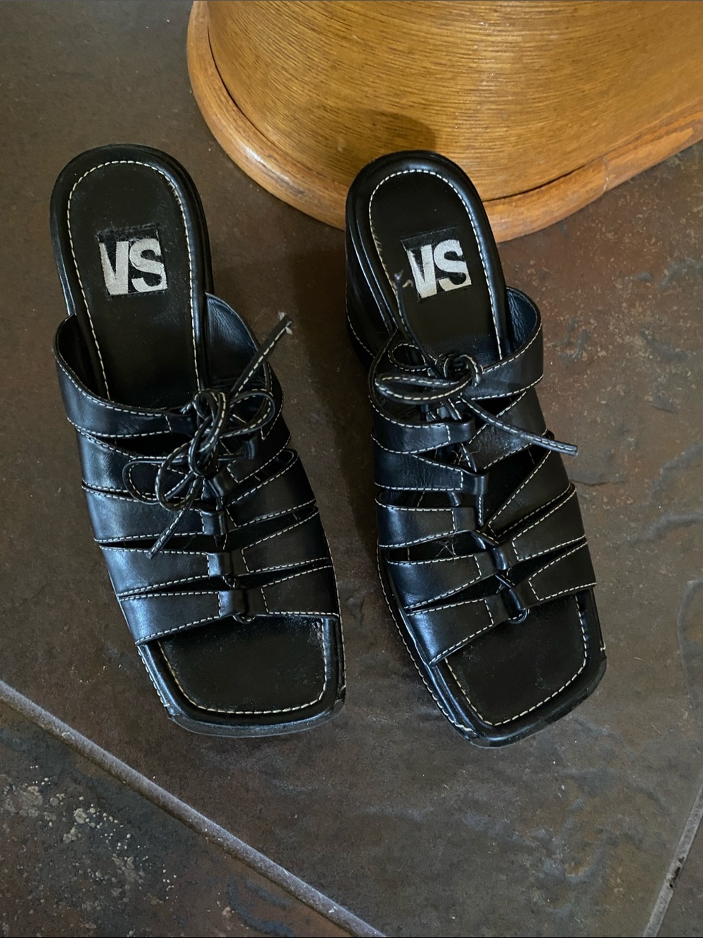 VS Black Strappy Lace-Up Mule Slides